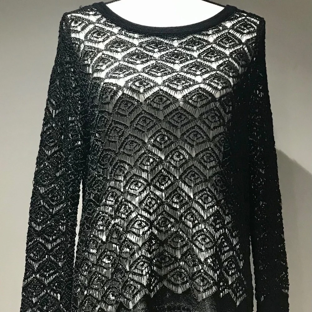 Colleen Lopez Black Sheer Lace Crochet Fringe Tunic Cover Up Top Size Large
